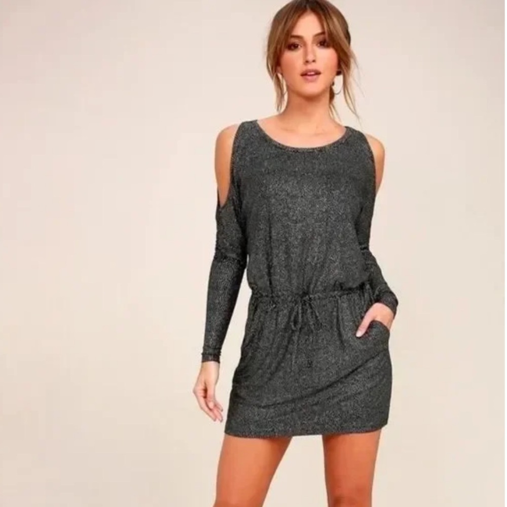 CHASER JERSEY DOLMAN DRAWSTRING MINI Dress NWT Medium NEW Light Gray Pockets